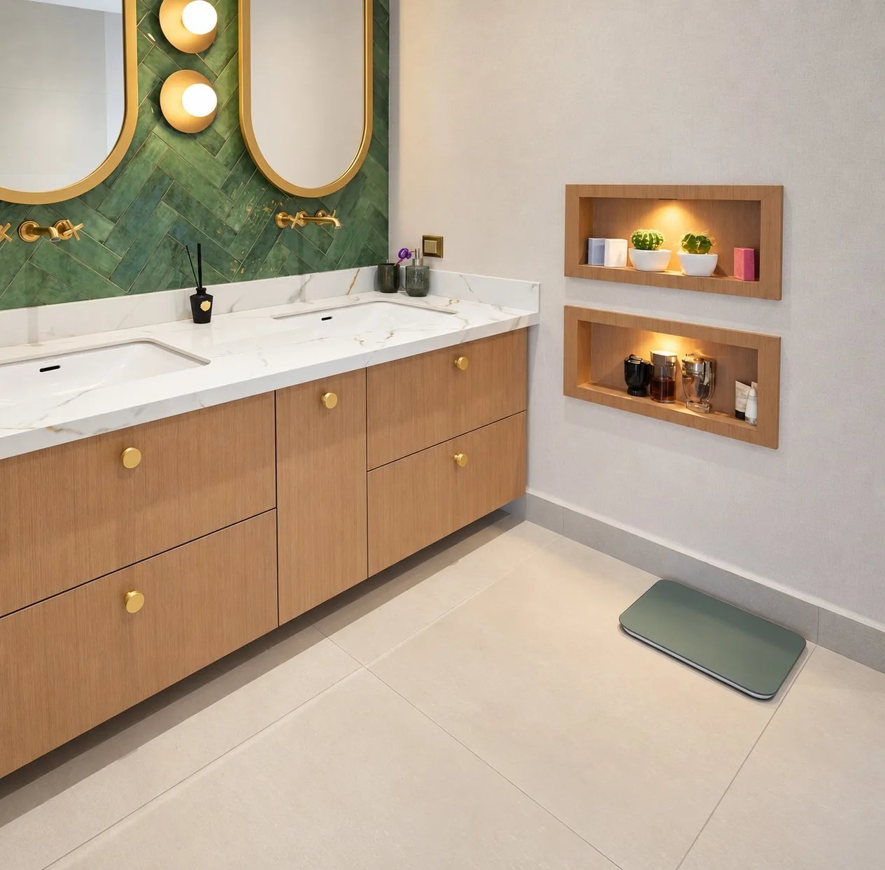 Tecde Villa’da ahşap dolaplı çift lavabolu banyo
